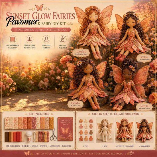 Artistic Home Decor Craft Magical Fairy Patchwork Kit, DIY Flower Fabric Sewing Make Decorative Figurine Kit 4 Winged Dolls, for Beginners,
