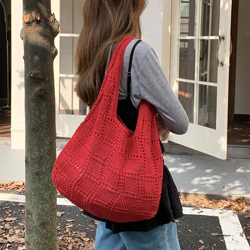 Retro Gestrickte Netz-Schultertasche Strand-Einkaufstasche Urlaubs-Damen-Tasche Webkunst-Stil Lässig Minimalistisch Polyester Handtaschen