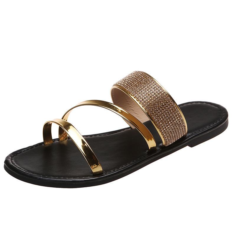 Large Size One-word Cool Slippers Women's Fashion Rhinestone Outdoor Summer Breathable Rhinestone Casual Sandals