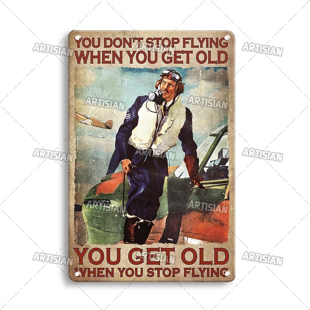 Artificial Male Pilot and Airplane Decorative Plate Vintage Metal Poster Man Cave Home Wall Decor Sign