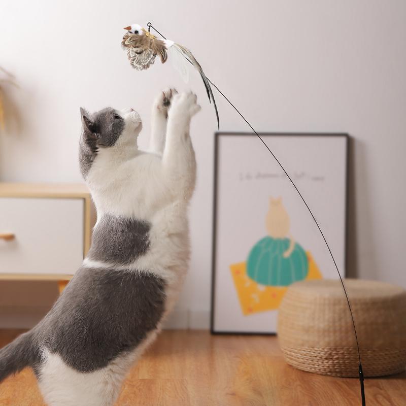 Simulation Bird Interactive Cat Stick Toy Playing Teaser Wand Toy Funny Feather Bird with Bell for Kitten Pet Cat Supplies