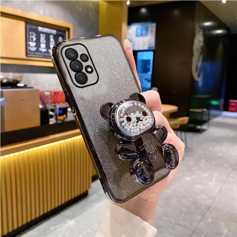 Cute Bear Holder Bracket Glitter Plating Case On for Tecno Spark 20C Spark20C 10C 10 20 Pro Plus 8C 9 Pop 5 LTE Stand Cover