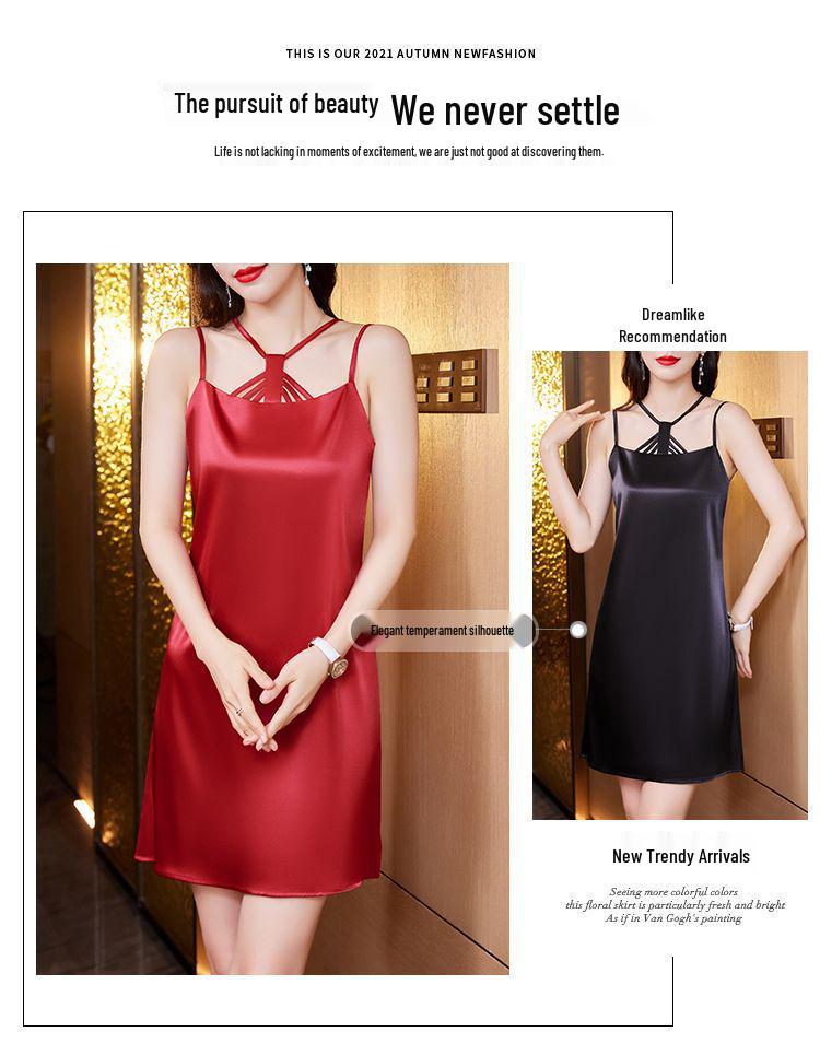 Women's Black Lace Satin Sling Dress - Sexy Mid-Length Spring/Summer Inner & Outer Wear Nightgown