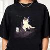 Grappig Rokende Kat Meme T-shirt Gewassen Katoen Trendy T-shirt Heren Dames Hip Hop Print Kwaliteit Top Streetwear Oversized Casual