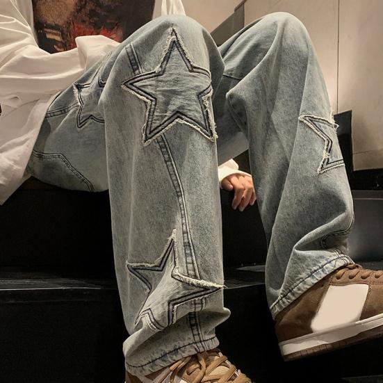Men Mid-rise Zipper Fly Jeans Oversize Star Aesthetic Pattern Trousers Straight Wide Leg Denim Pants Loose Fit High Street Jeans