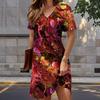 Sommermode Damen V-Ausschnitt Kurzarm Retro Bedrucktes Kleid Sexy Kurzer Rock Kleider