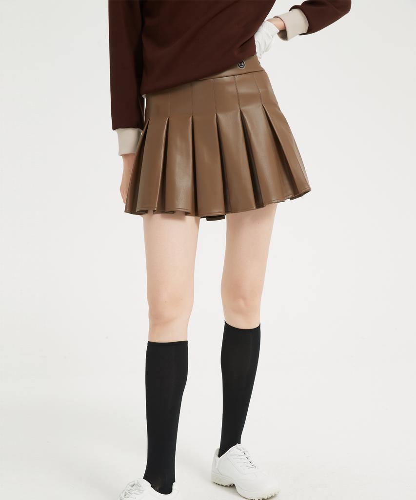 I Parka Castano Leather Pleated Skirt