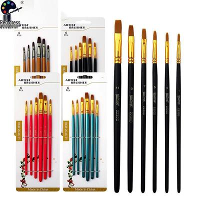 6-Piece Flat Oil Painting Brush Set with Nylon Bristles and Wooden Handles for Acrylic, Watercolor, and Pastels