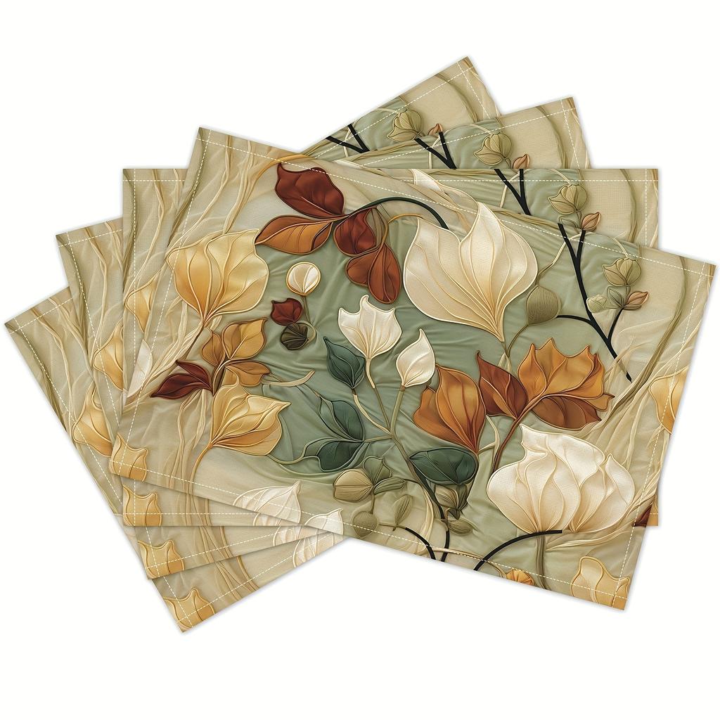 4/6 Stück Elegante Florale Tischsets - Rechteckig Leinen, Maschinenwaschbar, Herbstlaub & Weißblumen-Design, Perfekt für Thanksgiving, Familie