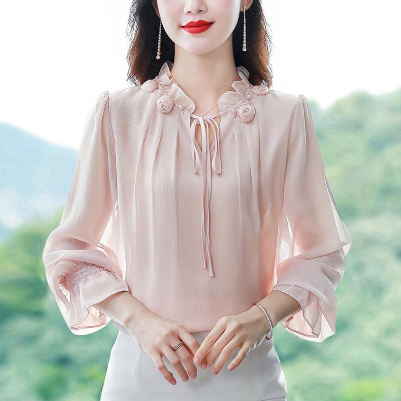Frühling Herbst Neue Elegante Chiffon Hemd Blütenblatt Kragen Bandage Top Frauen Mode Alle Spiel Blusen Langarm Büro Y2k Kleidung