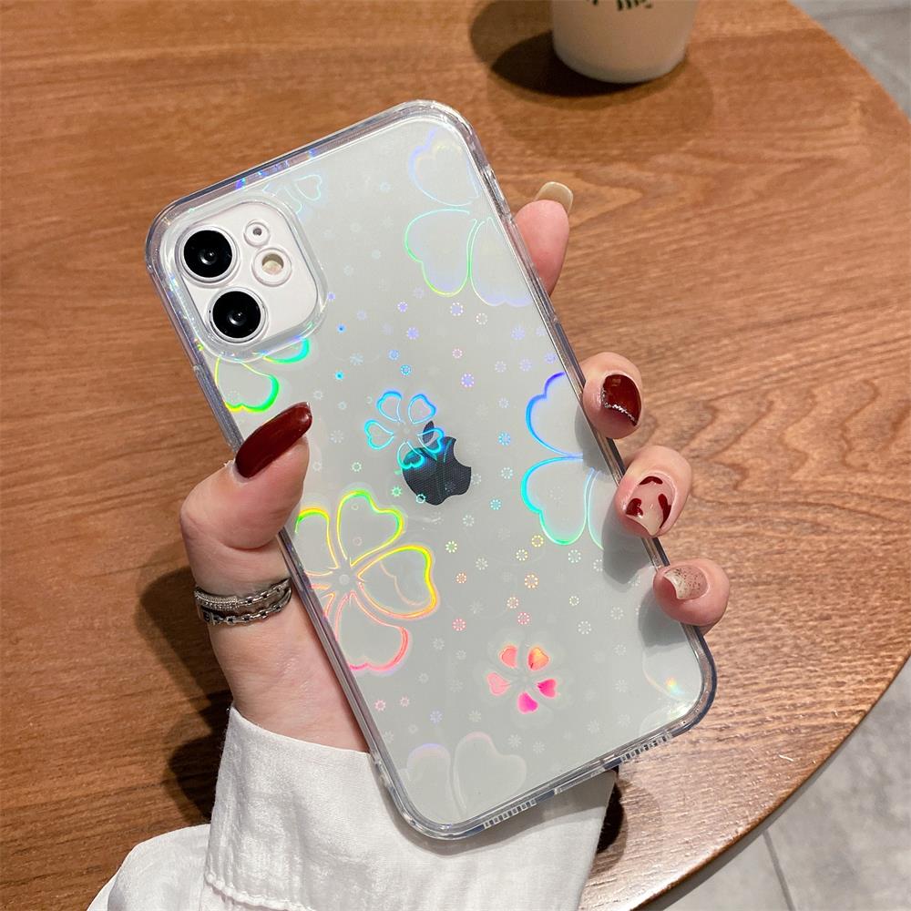 Capa Fashion Gradiente Laser Coração de Amor Padrão Folha Para iPhone 15 14 13 11 12 Pro Max X XS XR 7 8 Plus Capa Transparente Com Corações