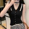 Polo Collar Knit Vest with Gold Button Contrast-Trim Sleeveless Button-Front Cardigan Vest Women Spring Summer Trendy