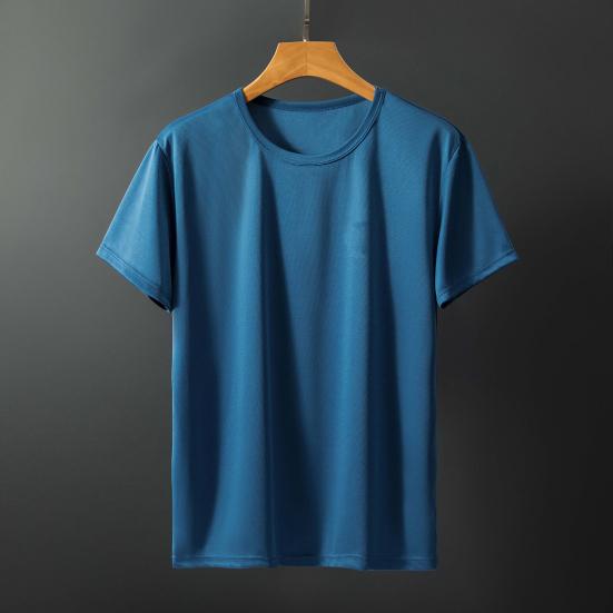 Summer Men Top Ice Silk Quick-drying Short Sleeves O Neck Loose Solid Color Thin Breathable Elastic Casual Pullover Daily Sport Top