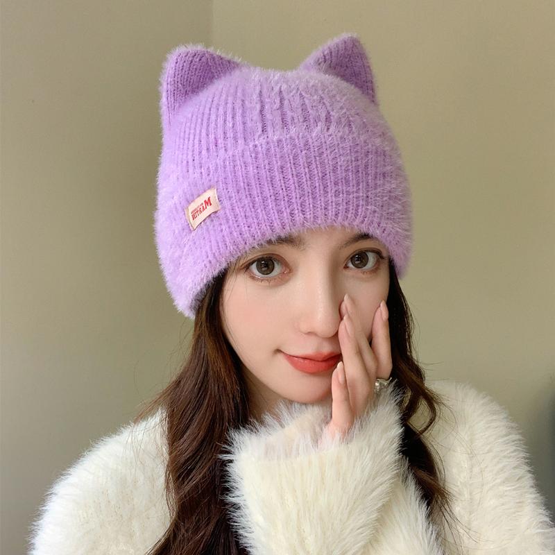 New Women Cute Cat Ear Winter Hat Fashion Faux Fur Knitted Hat Kpop Style Soft Beanie Hats Female Candy Colors Streetwear Cap
