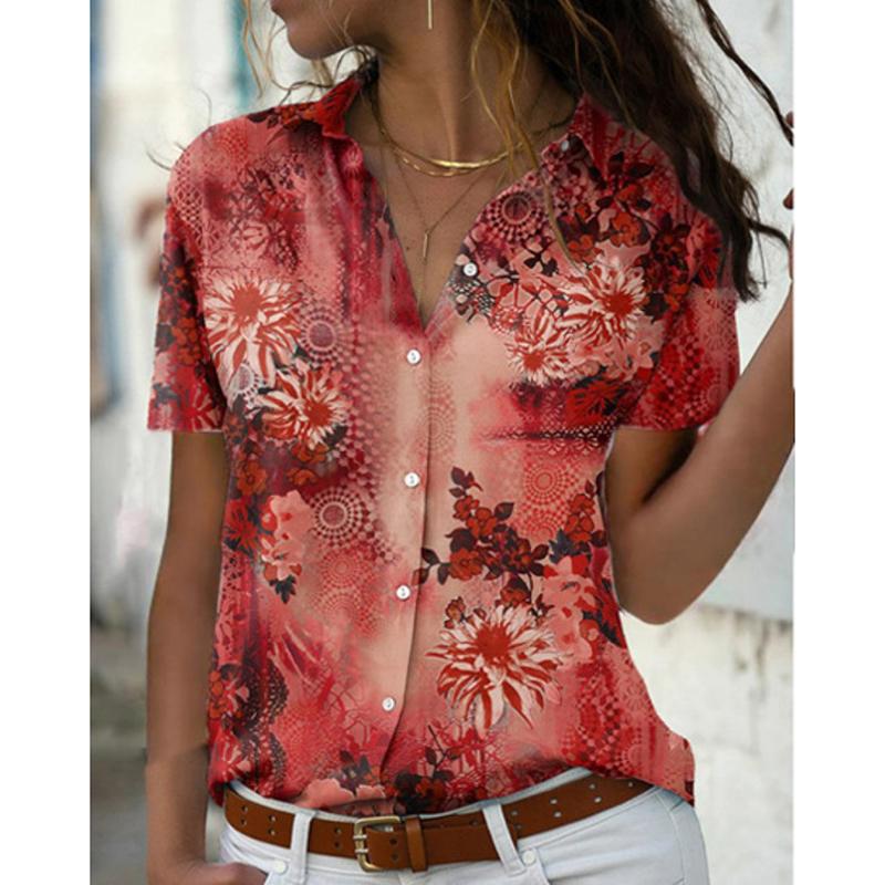 Sommer Neue Gedruckt Kurzarm Casual Lose Blusen Frauen Slim Fit Tops Mode Plus Größe Shirts für Frauen Vintage Button Up Revers Weibliche Hemd 26619