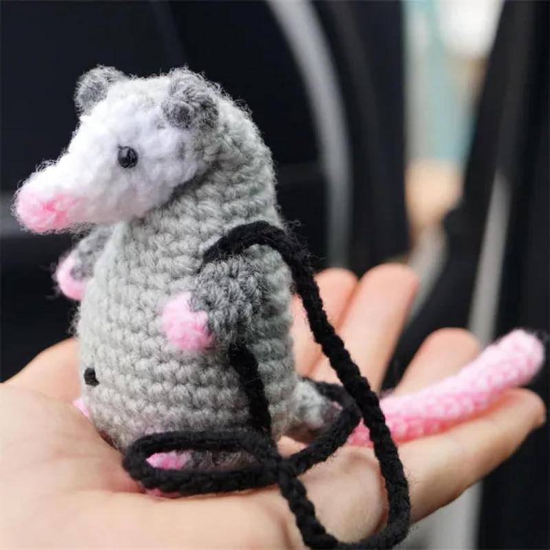 Knitted Possum Auto Charm Ornaments Cute Rearview Mirror Car Decor Handmade Key Chain Pendant Car Decoration Accessories