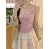 American Summer Retro Solid Color Lace Sleeveless Top with Bow Sweet Hottie Elastic Slim Fit Versatile Small Suspender for Women