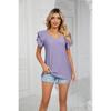 Womens Summer Eyelet Tops V Neck Double Ruffle Sleeve Casual Blouse Shirts Loose Fit Tops