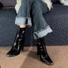 High Heel Skinny Boots Thick Heel Medium Boots Children's Autumn and Winter 2025 New Fashion Versatile Patent Leather Square Head Short Boots