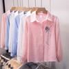 Women's Light Blue Floral Embroidered Textured Long Sleeve Button Down Shirt Casual Blouse