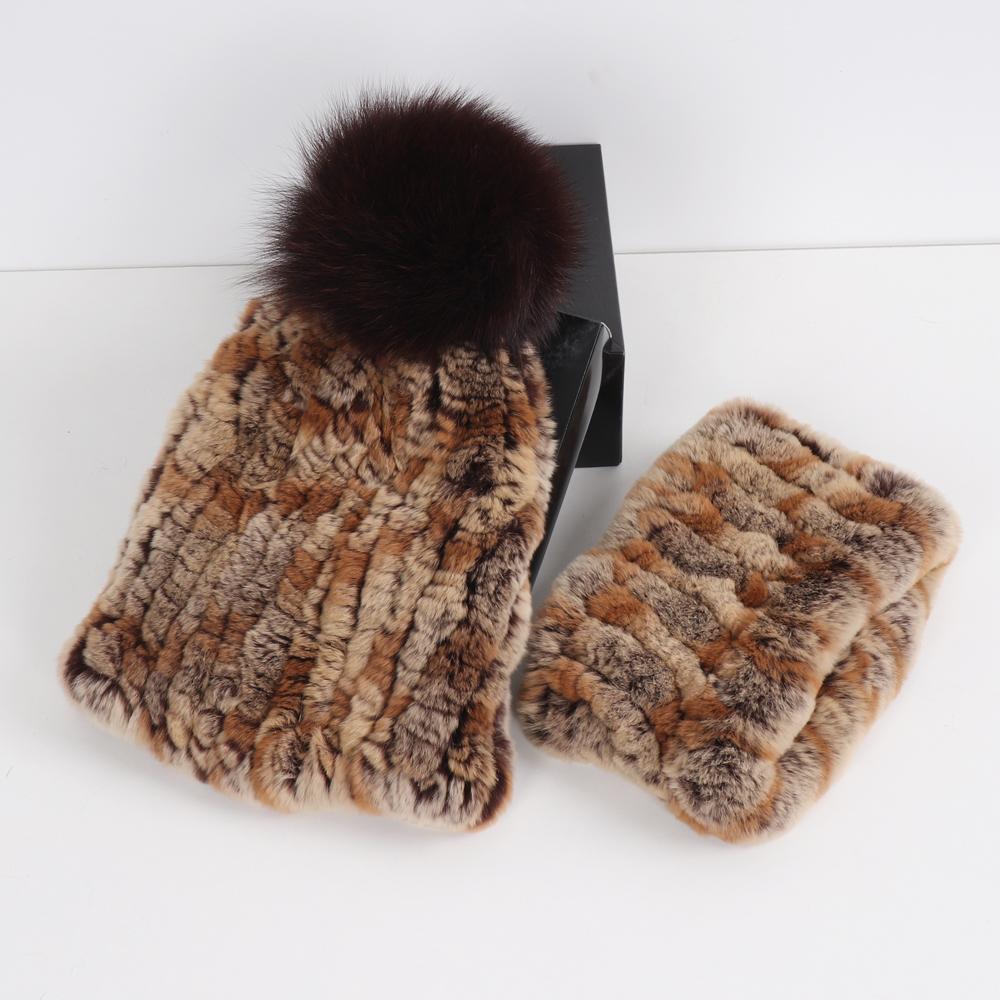 New Fashion Knitted Good Elastic Real Fur Scarf Hat Sets Women Winter Warm Natural Rex Rabbit Fur Scarves Hats Sets