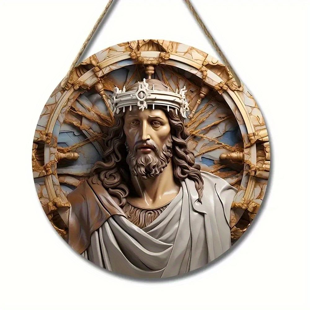 1 panneau rond en bois plat 2D vintage unique Jésus-Christ artistique - 20 cm pour maison, salon, bureau, bar, café, garage, décoration de vacances