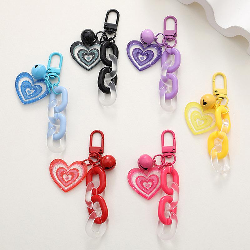 Porte-clés pendentif en forme de cœur en résine avec clochette pour femme, chaîne à maillons en plastique colorée, porte-clés, étui pour écouteurs, accessoires de sac