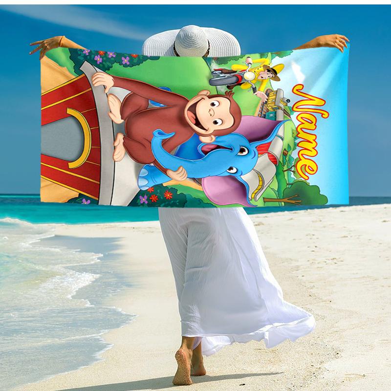 Personalized customized proof beach towel with Curious George pattern - soft, absorbent, quick-drying, perfect swimming, camping&bathing
