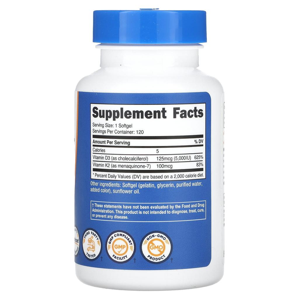 Nutricost, Vitamin K2 + Vitamin D3, 120 mjukelskapslar