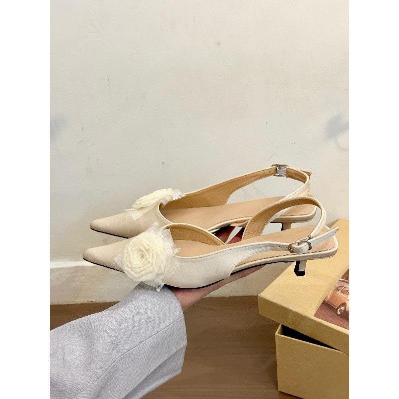 Fairy Green Rose! Gentle Satin Rose Bag Head Empty Sandals Women's Spring Stiletto Shoes