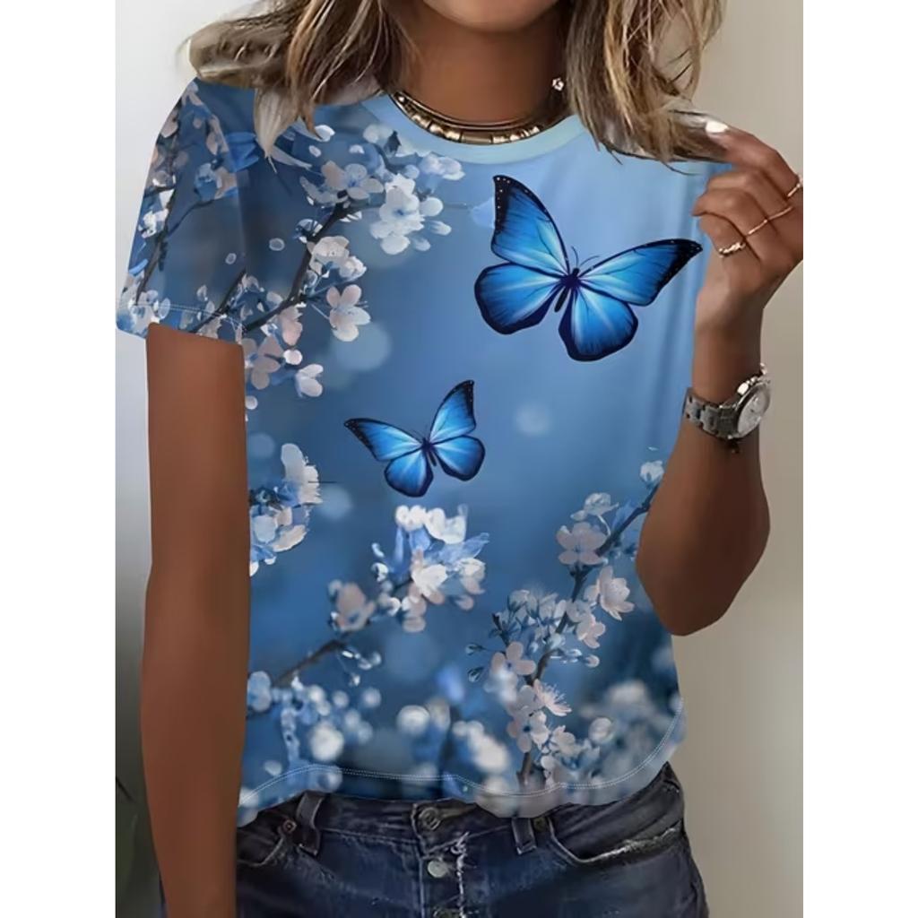 Fashion Women Colorful Butterflies Print T Shirt Funny Casual O-neck Short Sleeves T-shirt Summer Female Tee Shirt