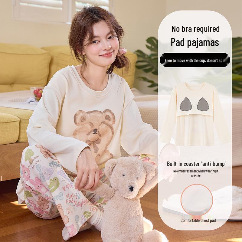 Womens Korean Style Cartoon Pajamas Set with Chest Pad - Long Sleeve, Cute Home Wear for Spring & Autumn (2025)