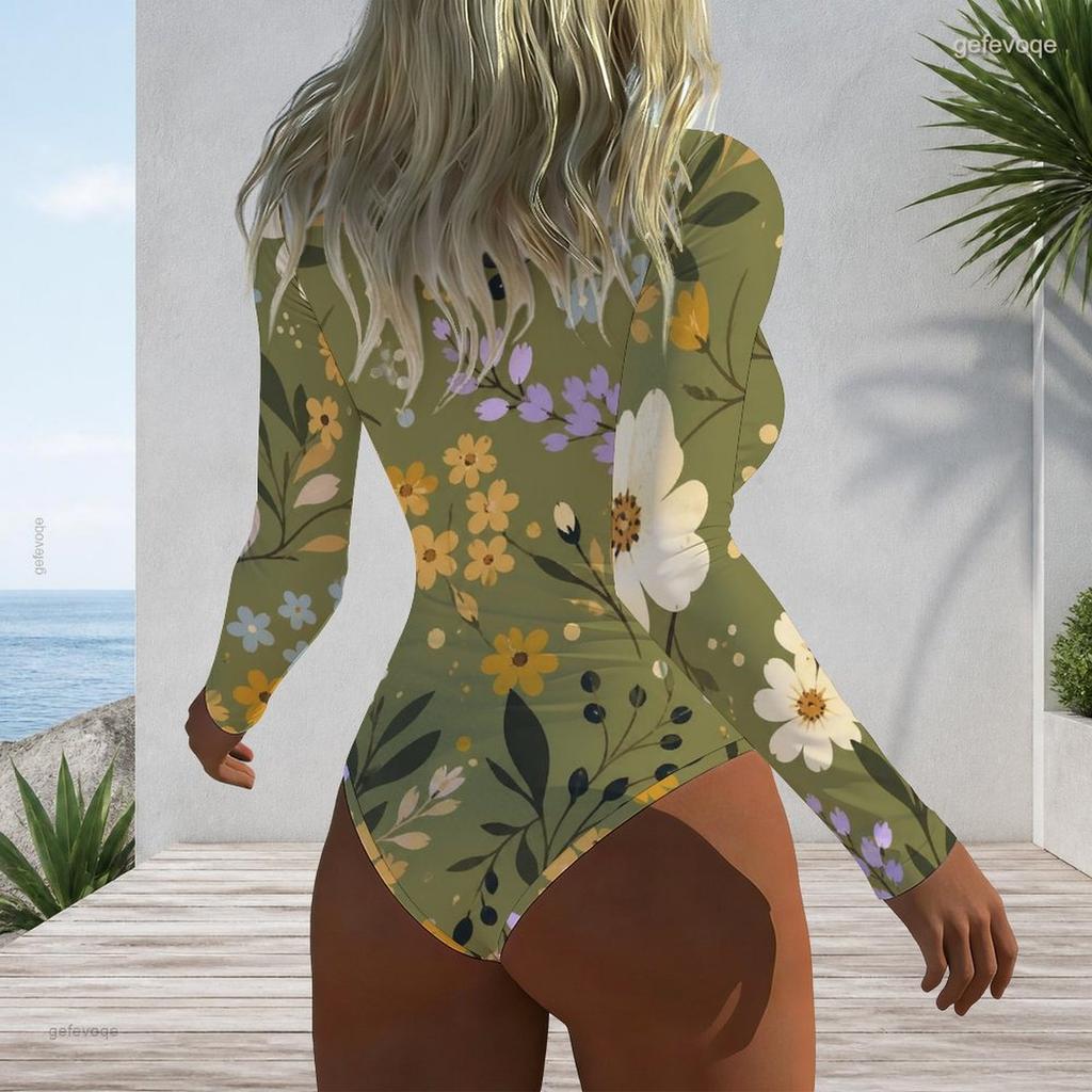 Women Plus Size High Neck Half Zip Long Sleeve Floral Print Olive Green One Piece Swimsuit