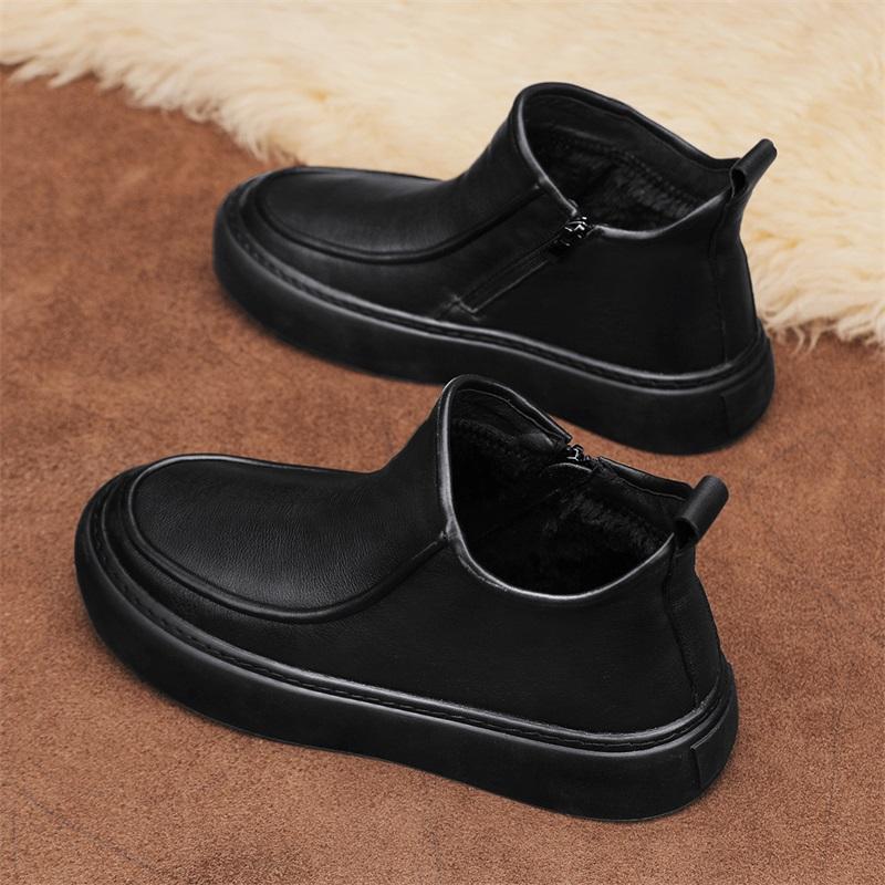 Fashion Men's Black Boots Versatile Casual Leather Boots Zipper PU Flat Bottom Casual Walking Shoes Waterproof Men One Foot Shoes