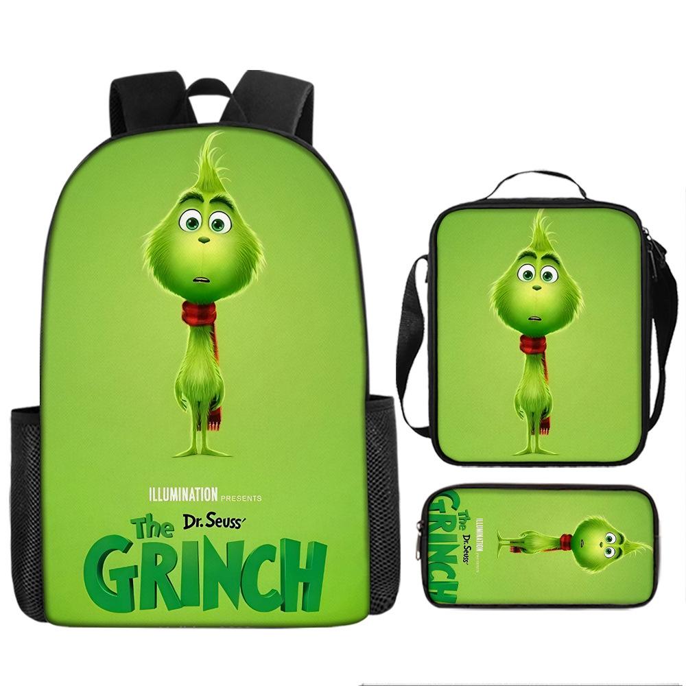 Green Hair Monster Grinch School Bag Campus 12345th and 6th Grade Backpack Lightweight Weight Loss Computer Bag Three-piece Set
