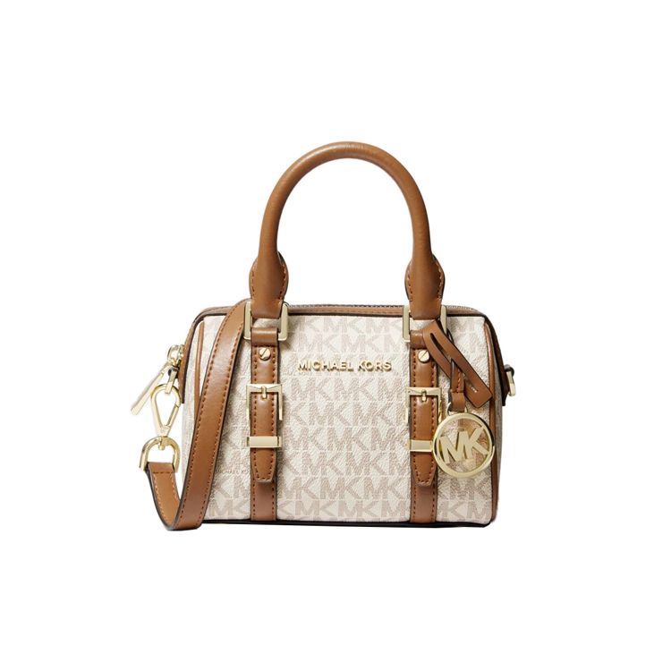 Michael Kors Bedford Logo Print Leather Boston Bag Women Bags Vanilla-White Acorn-Brown 32F9G06C0B-149