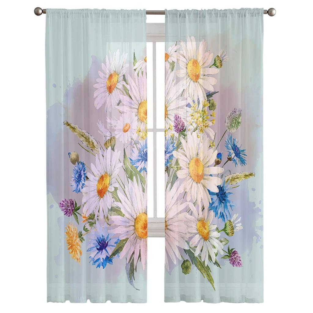 Flowers Daisies Minimalist Sheer Voile Window Curtains Tulle Curtains Living Room Balcony Decoration Drapes