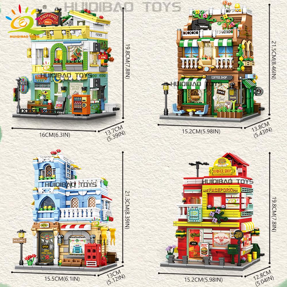 City Street View Coffee Burger Shop Hotel Model Building Blocks DIY Architecture Commercial Street Bricks Toys Adult