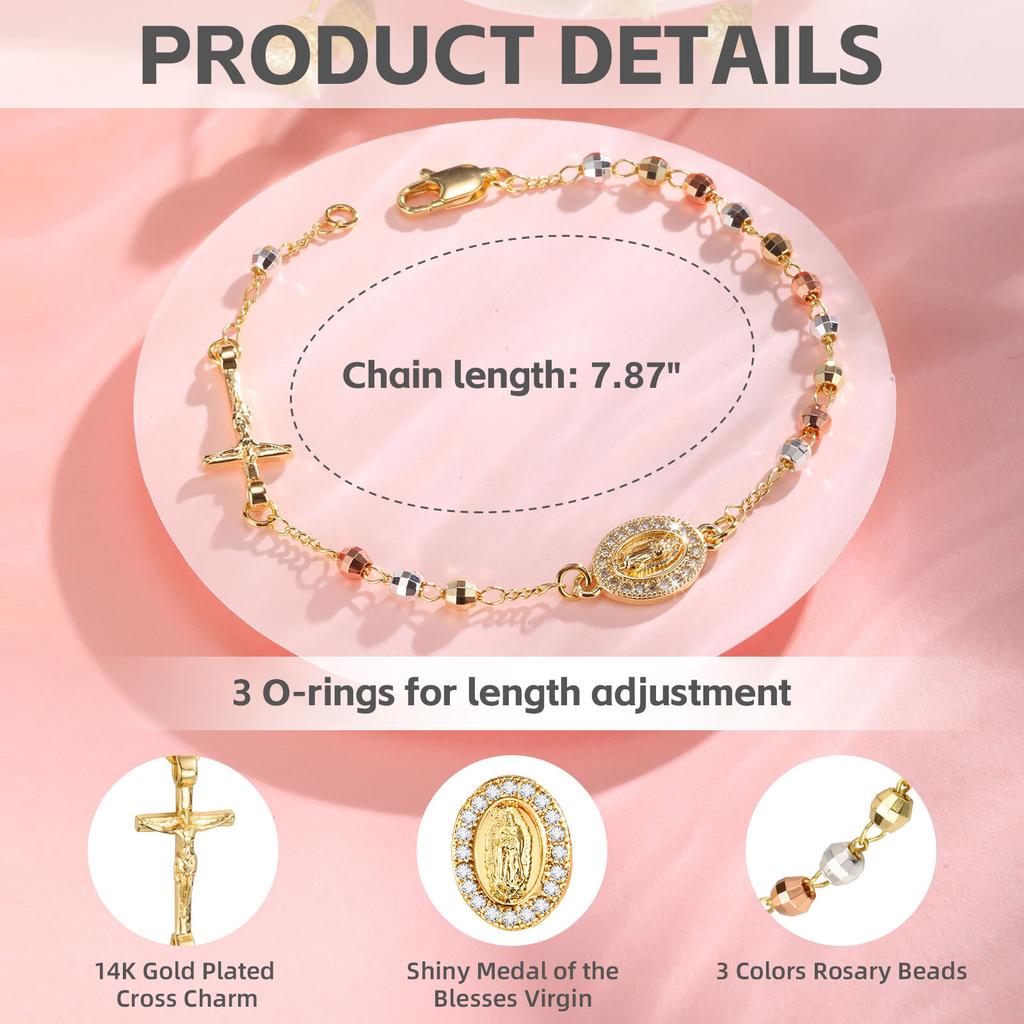 Virgin Mary Rosary Bead Cross Bracelet for Women, Tri-color Adjustable Chain Virgin of Guadalupe Bracelet Baptism Confirmation