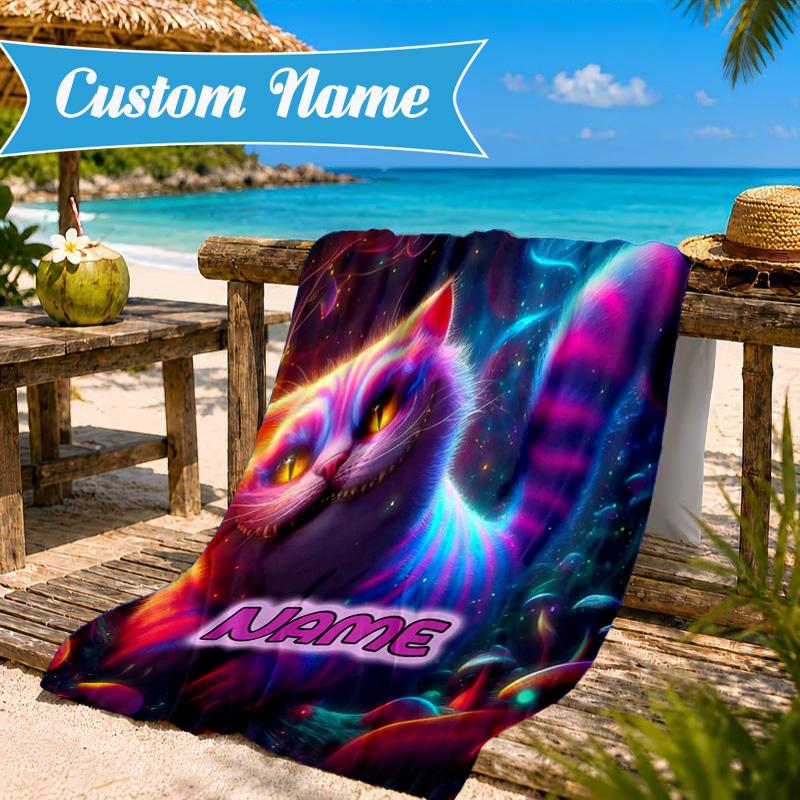 Custom Name Che-shire Cat Beach Towel Microfiber Beach Towel, Lightweight and Quick-Dry, for Summer Travel, Swimming Pool Gift