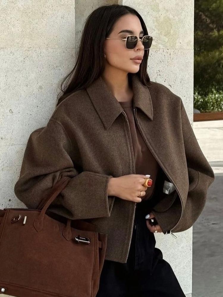 Módní hnědá vlněná bunda na zip pro ženy elegantní klopa dlouhý rukáv krátké kabáty dámské vintage podzimní dámské pouliční svrchní oblečení