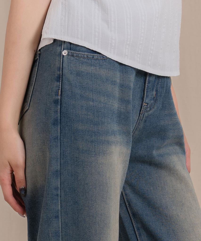 Ellamo 52_2 Women'S Washed Wide Half-Elastic Denim Pants (Short/Standard/Long)_Vintage Yellow