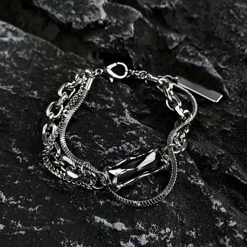 Hip-hop Trendy Stainless Steel Geometric Black Zircon Couple Bracelets for Women Men Personality Punk Jewelry Accessories Gifts