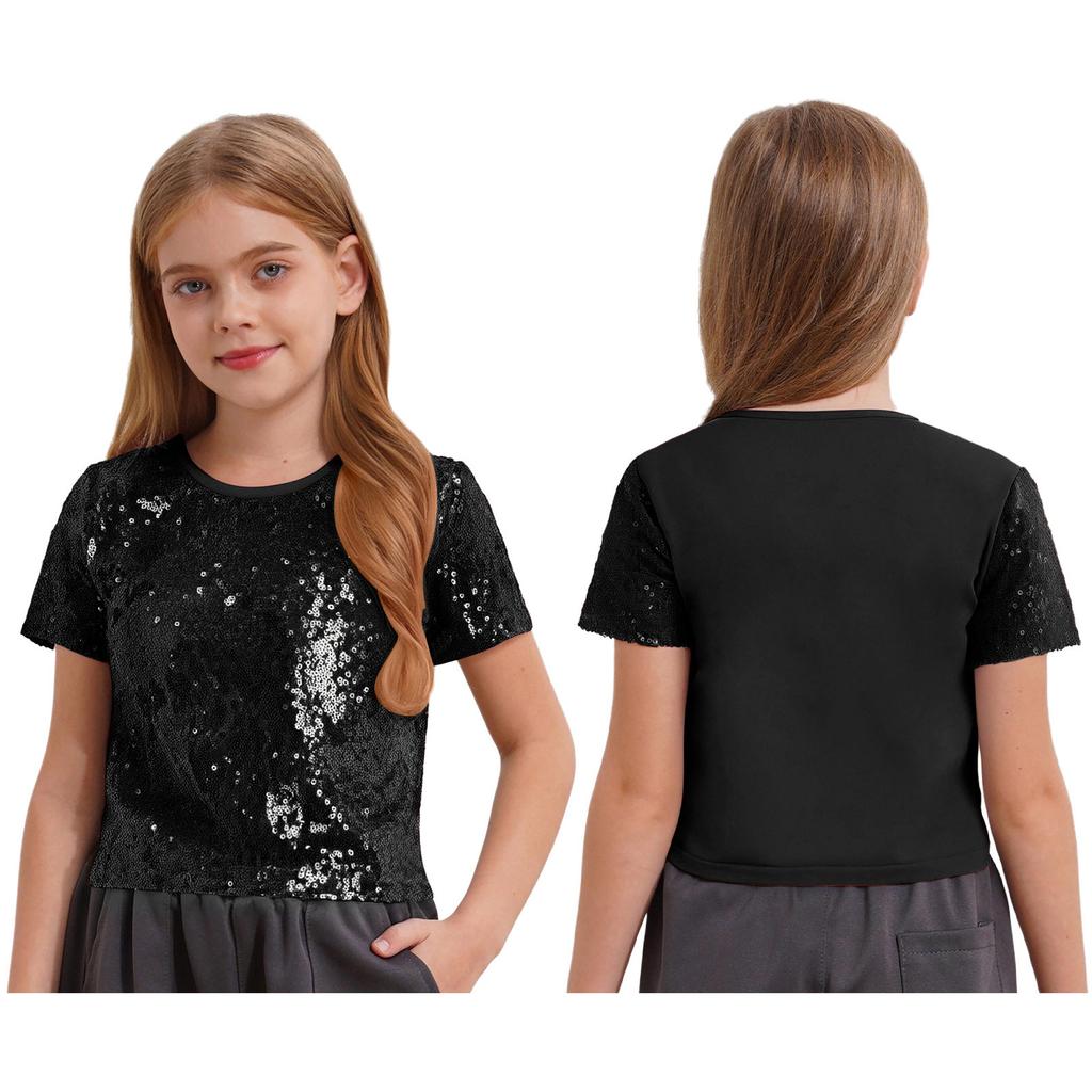 Children‘s Sequin Crop Top Short Sleeve Round Neck Sparkly Hip Hop Jazz Dance Stage Wear