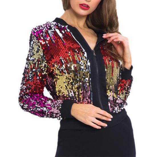 Women Jacket Shiny Sequin Zipper Closure V Neck Long Sleeve Gradient Color