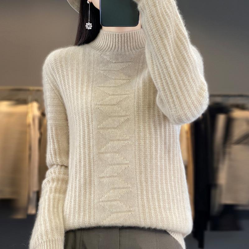 IHUASU Autumn and Winter Wool Sweater Women's Semi-high Neck Jumper Loose Large Size Versatile Knitted Bottoming Shirt Thin Cashmere Sweater