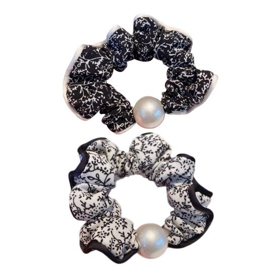 2Pcs Hair Tie High Elasticity Non-Slip Soft Chiffon Fabric Hair Rope with Imitation Pearl Design Floral Print Bun Half-Tied Hair Accessories
