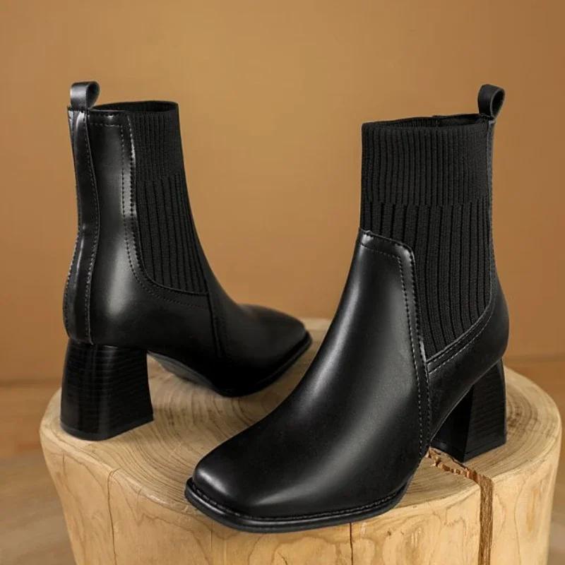 Women's Heeled Shoes Knitwear Womens Ankle Boots Comfortable Warm Women Shoes Thick Heels Office Pumps New Zapatos Mujer