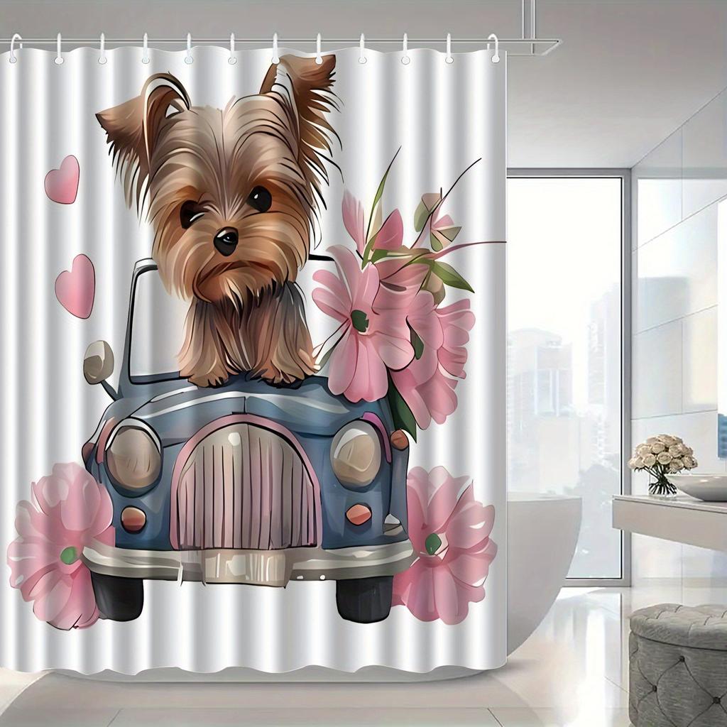 Süßer Yorkie Hund Duschvorhang Auto und Blumen Kunst Haustierliebhaber Dekor Romantische Herzen Wasserdichtes Gewebe Duschvorhang Set Zuhause