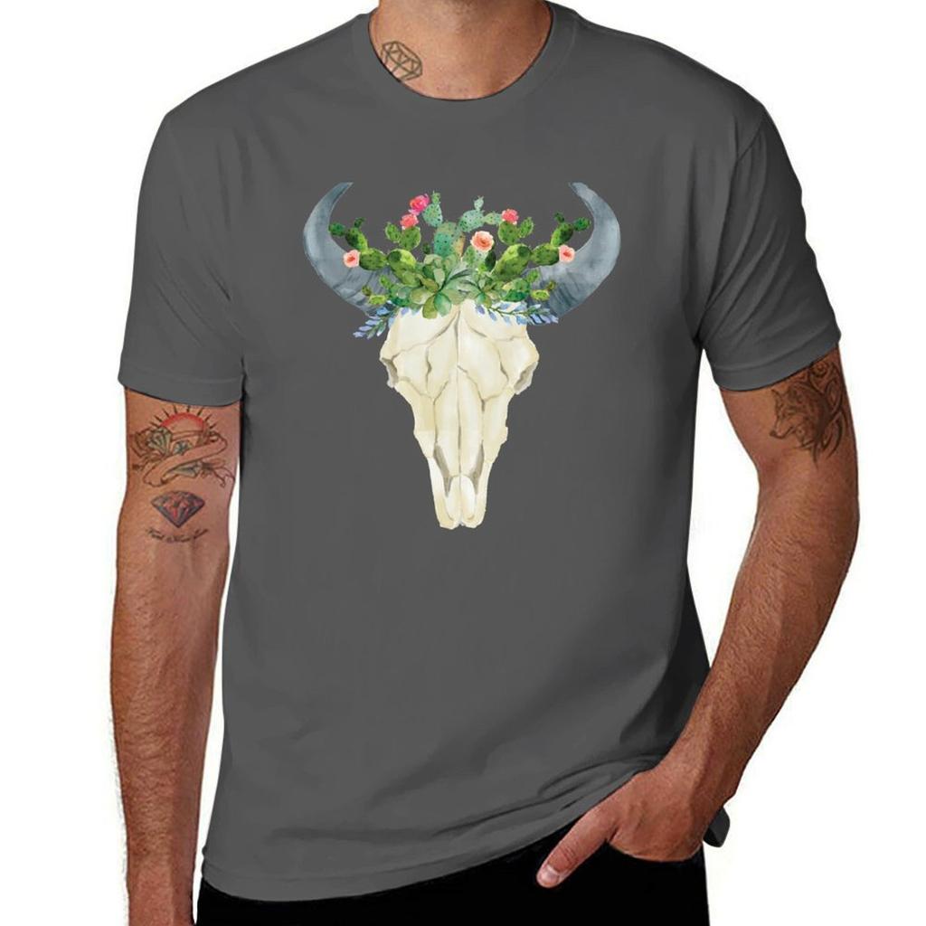 Bull Skull with Cacti Crown Hand Painted Watercolor TShirt Utility Casual Work TShirt